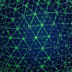 A 3D network sphere with interconnected glowing green nodes against a dark background.