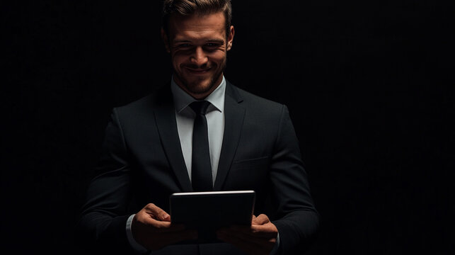 Businessman using tablet in dark setting