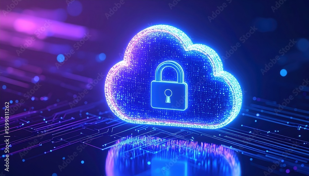Poster digital cloud security illustration with glowing lock symbol representing data protection and cybers