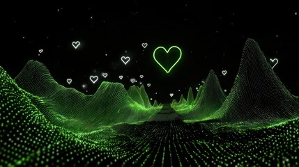 Green landscape of digital points with glowing hearts.