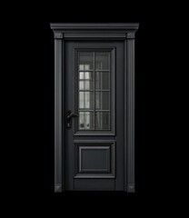Dark gray entry door with decorative paneling and glass panes