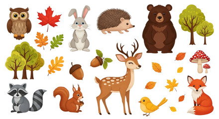 Naklejka premium Collection of cartoon forest animals with leaves and mushrooms on white background 