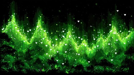 Green forest landscape with glowing lines and hearts.