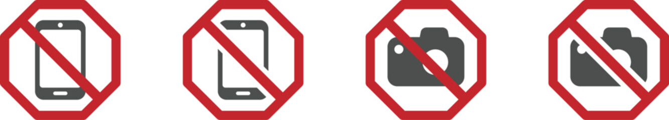 Photos and phones forbidden signs. No camera or filming icon