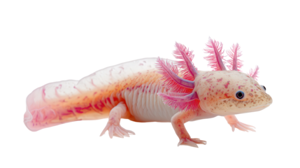 Axolotl Salamander: A cute axolotl salamander with pink gills, isolated on a Transparent background, PNG file.