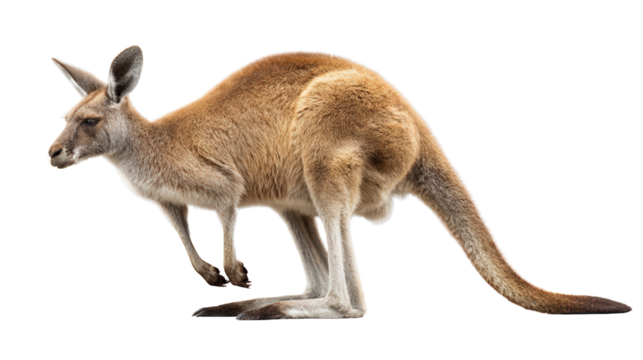 Australian Kangaroo in the Wild: A kangaroo hopping through the Australian outback, isolated on a Transparent background, PNG file.