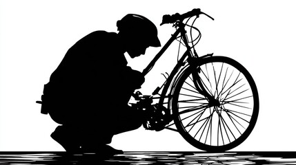 Obraz premium Silhouette of a person crouched, focused on fixing a bicycle, with white background