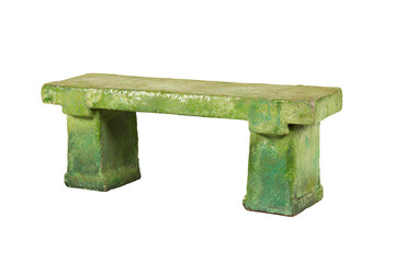 a green bench sitting on top of a white floor
