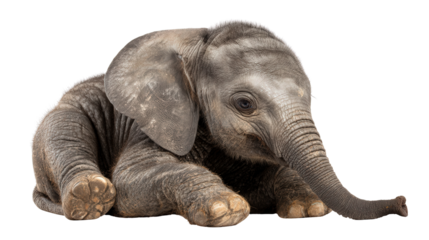 Baby Elephant Playing: A flat lay of a baby elephant playing with its trunk, isolated on a Transparent background, PNG file.