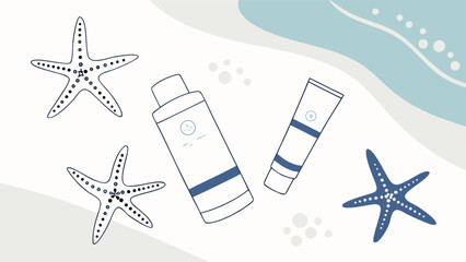 Summer beach skincare essentials flat lay with sunscreen lotion and starfish for vacation protection tips