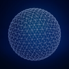 Abstract wireframe sphere on a dark blue gradient background symbolizing connectivity.