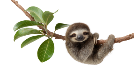 Baby Sloth Hanging: A flat lay of a baby sloth hanging from a tree branch, isolated on a Transparent background, PNG file.