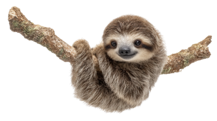 Baby Sloth Hanging: A flat lay of a baby sloth hanging from a tree branch, isolated on a Transparent background, PNG file.
