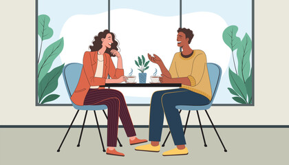 Joyful Conversation Between Friends at a Cozy Cafe, Two Friends Laughing and Talking at a Cafe Table
