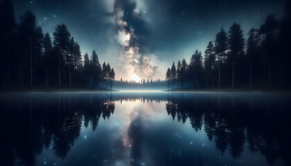 Fototapeta premium Milky Way Over Forest Lake. A tranquil forest lake reflecting the Milky Way galaxy at night.