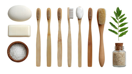 Bamboo Toothbrush and Products: A flat lay of bamboo toothbrushes and eco-friendly personal care items, isolated on a Transparent background, PNG file.