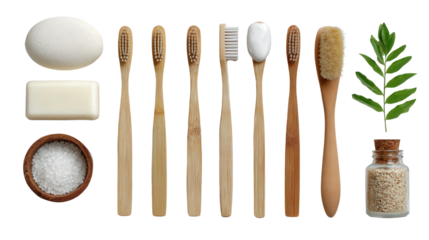 Bamboo Toothbrush and Products: A flat lay of bamboo toothbrushes and eco-friendly personal care items, isolated on a Transparent background, PNG file.