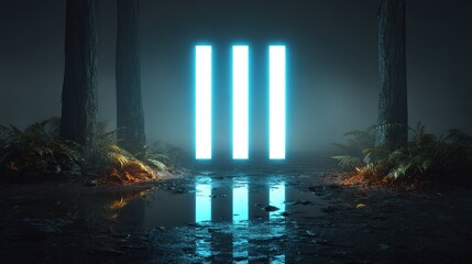 Neon light panels in a misty forest scene.