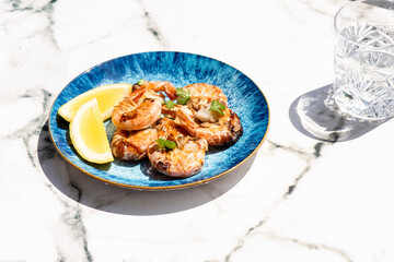 Jumbo Shrimp Scampi Sauteeing in Butter and Olive Oil