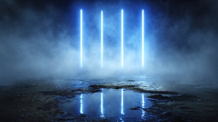 Neon light pillars illuminate a misty landscape.