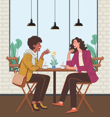 Two Female Friends Enjoying Lively Talk and Good Vibes, two friends laughing and talking at a cafe table