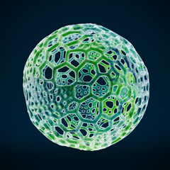 Close-up of a green and translucent geometric 3D abstract sphere, illustrating complex patterns on a dark background.