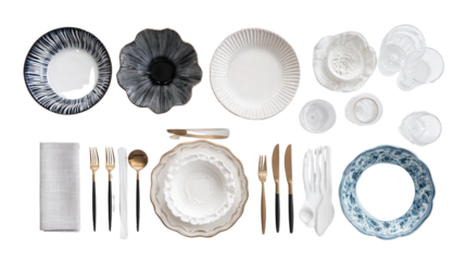 Beautiful Dining Tableware: A flat lay of beautiful dining tableware including plates, glasses, and cutlery, isolated on a Transparent background, PNG file.