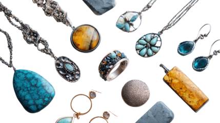 Beautiful Handcrafted Jewelry: A flat lay of beautiful handcrafted jewelry pieces like rings, necklaces, and earrings, isolated on a Transparent background, PNG file.
