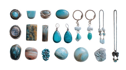 Beautiful Handcrafted Jewelry: A flat lay of beautiful handcrafted jewelry pieces like rings, necklaces, and earrings, isolated on a Transparent background, PNG file.