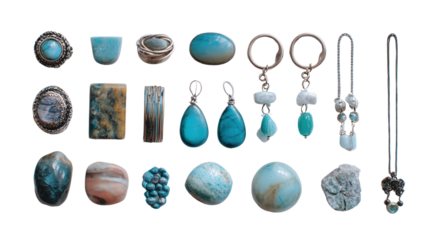 Beautiful Handcrafted Jewelry: A flat lay of beautiful handcrafted jewelry pieces like rings, necklaces, and earrings, isolated on a Transparent background, PNG file.