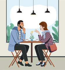 Two friends laughing and talking at a cafe table, Cartoon flat vector illustration