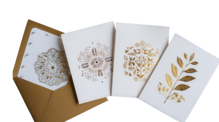 Beautiful Handmade Cards: A flat lay of beautiful handmade cards with intricate designs, isolated on a Transparent background, PNG file.