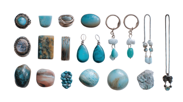 Beautiful Handcrafted Jewelry: A flat lay of beautiful handcrafted jewelry pieces like rings, necklaces, and earrings, isolated on a Transparent background, PNG file.