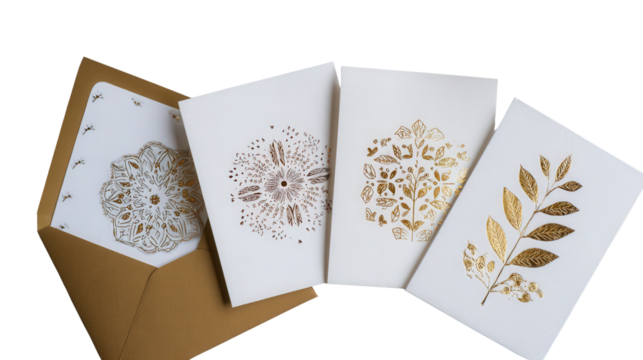 Beautiful Handmade Cards: A flat lay of beautiful handmade cards with intricate designs, isolated on a Transparent background, PNG file.
