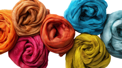 Beautiful Handmade Scarves: A flat lay of beautiful handmade scarves in vibrant colors, isolated on a Transparent background, PNG file.
