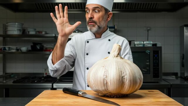 Surprised Chef Holding Giant Garlic Bulb - A male chef in a white uniform looks surprised while holding a very large garlic bulb on a wooden cutting board in a professional kitchen.