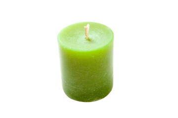 a green candle is lit on a white background
