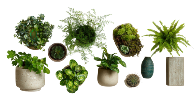 Beautiful Indoor Plants: A flat lay of beautiful indoor plants in modern pots, isolated on a Transparent background, PNG file.