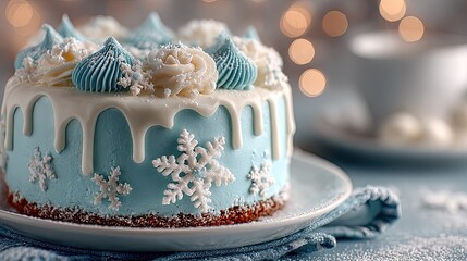 Holiday cake with blue icing and snowflake decoration representing winter dessert, festive theme, and celebration