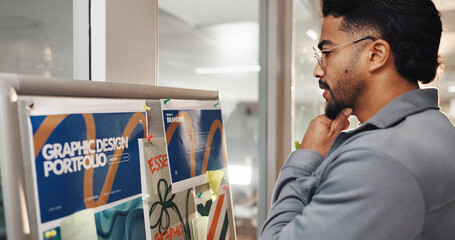 Graphic design, thinking and businessman for inspiration with portfolio, research and moodboard. Creative agency, man and project management, proposal and documents for ideas or vision in office