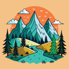 hand drawn mountain design. illustration of mountains and pine trees. 