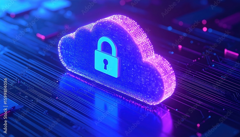 Poster digital cloud security icon with lock in futuristic cyber network technology environment for data pr