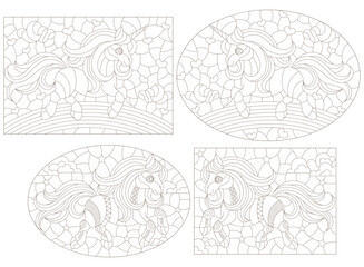 Set of contour illustrations in the style of a stained glass window with cute horsesand unicorns