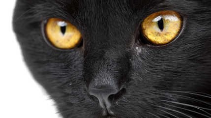 Black Cat with Yellow Eyes: A close-up of a black cat with yellow eyes, isolated on a Transparent background, PNG file.