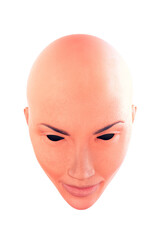 Realistic human mask with a blank expression on a white background.