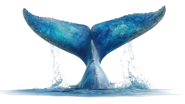 Blue Whale Tail Splashing: A majestic blue whale tail splashing out of the ocean, isolated on a Transparent background, PNG file.