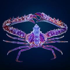 Vibrantly colored king crab illustration showcasing intricate details against a dark gradient background.