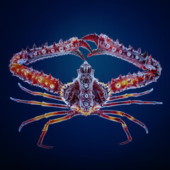 Colorful king crab against a dark blue background, showcasing its detailed spiky shell and vibrant hues.