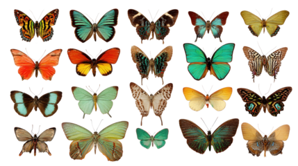 Butterfly Collection on White: A flat lay of a collection of butterflies pinned on a board, isolated on a Transparent background, PNG file.