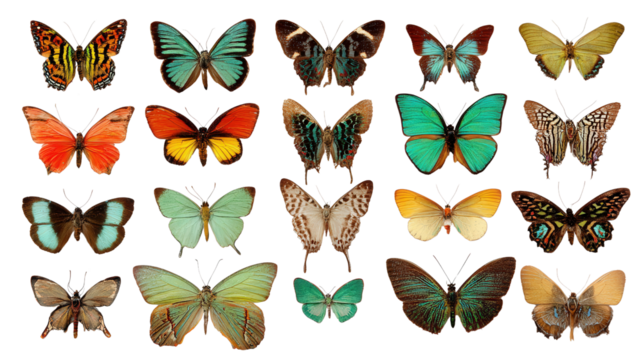 Butterfly Collection on White: A flat lay of a collection of butterflies pinned on a board, isolated on a Transparent background, PNG file.